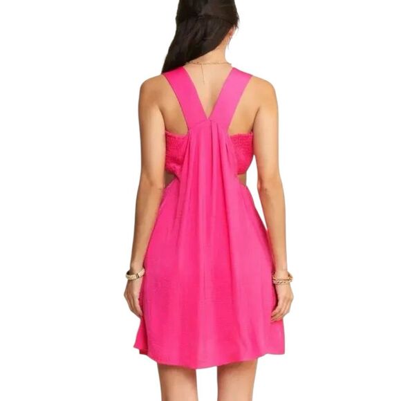 Hot Pink Mini Dress Pocket Washed Satin Cutout Skirt Bandeau | Davi & Dani - Picture 7 of 16